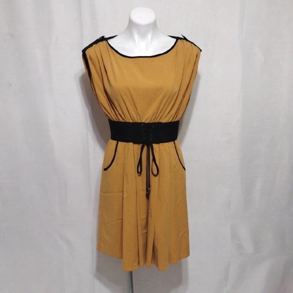 Cynthia Steffe Dark Mustard Yellow Sleeveless Corset Band Waist Dress  Size 8